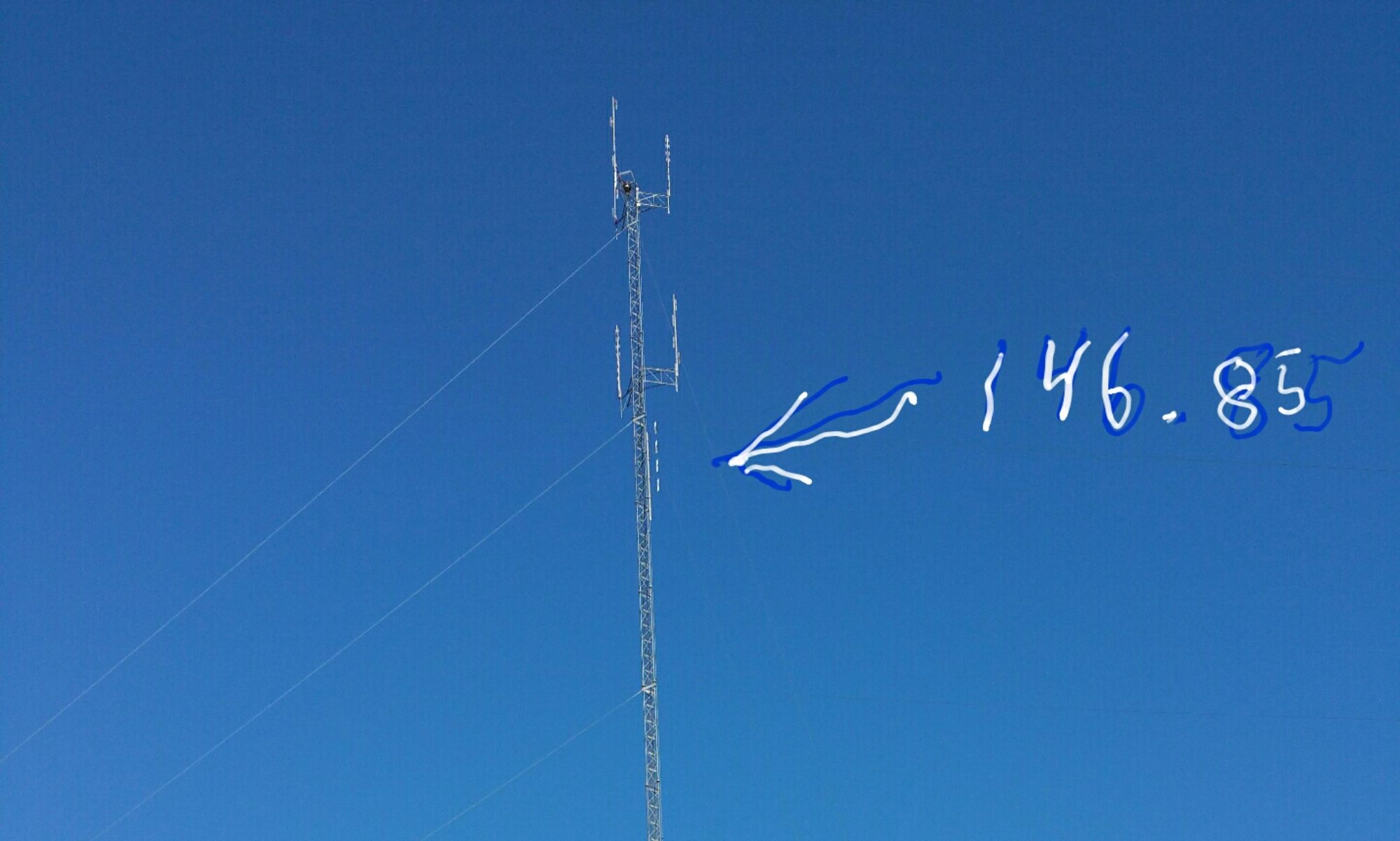 The WR4EC repeater antenna on the Edgefield County tower, marked with the 146.85 MHz output frequency